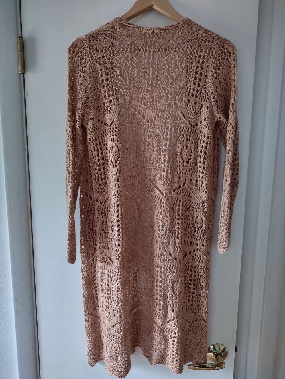 Chelsea & Theodore Crochet Open Front Duster Cardigan Beige M Bohemian - Picture 2 of 6